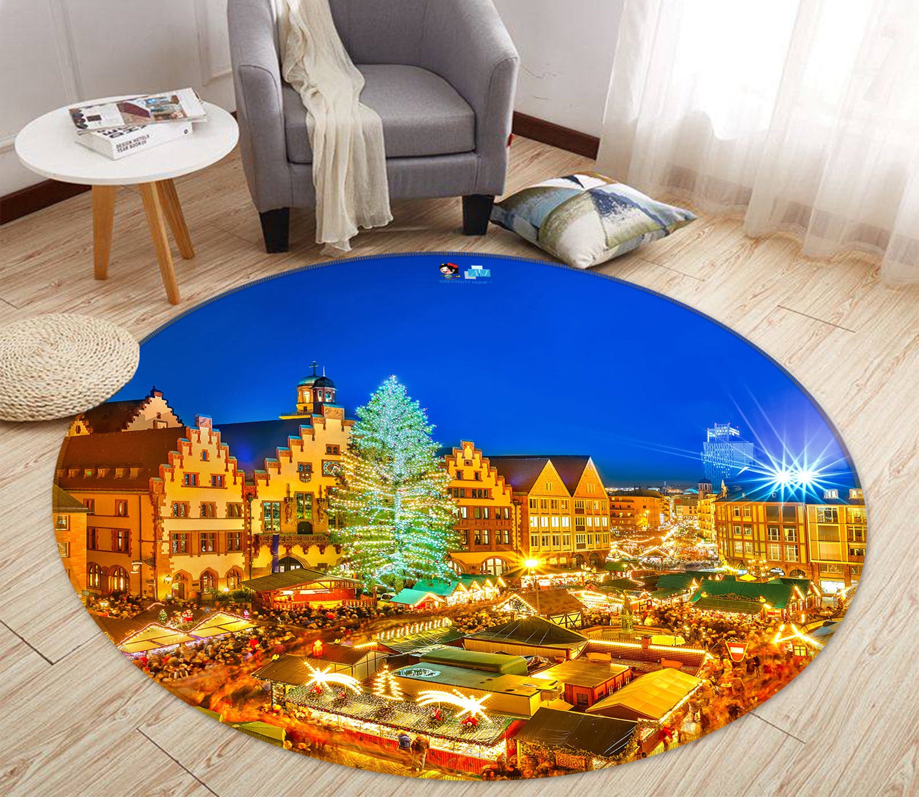 3D Golden Light House 55192 Christmas Round Non Slip Rug Mat Xmas
