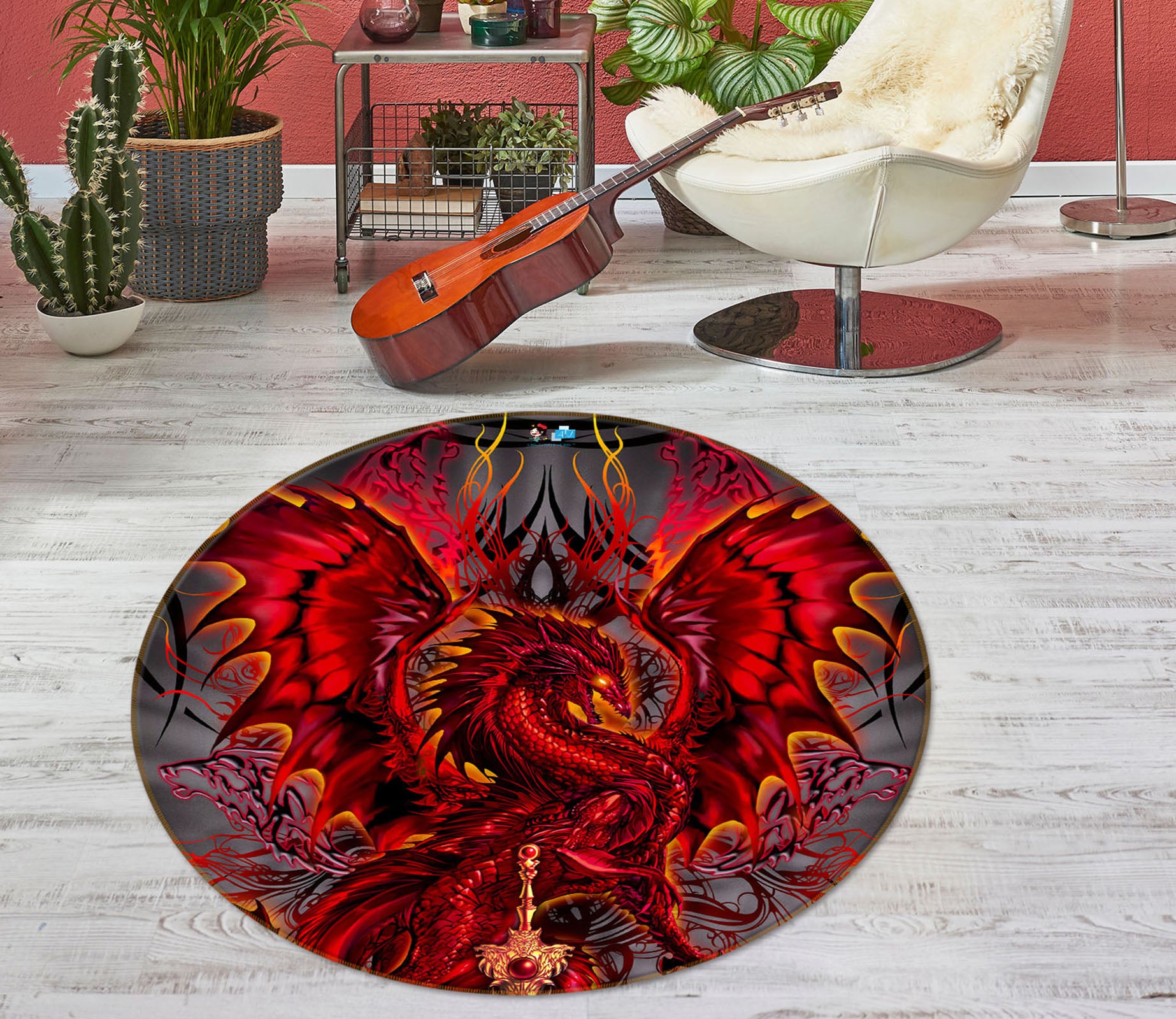 3D Red Dragon 8364 Ruth Thompson Rug Round Non Slip Rug Mat