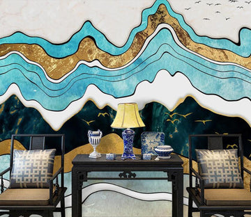 3D Blue Golden Wave 2136 Wall Murals