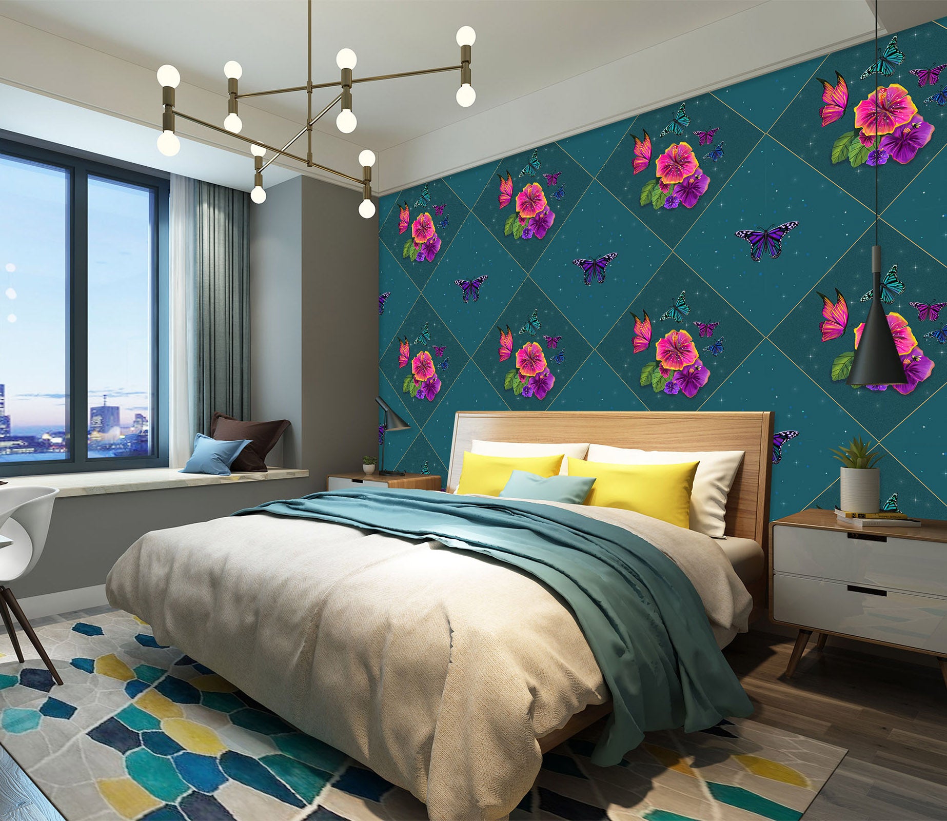 3D Purple Flowers 1418 Rose Catherine Khan Wall Mural Wall Murals