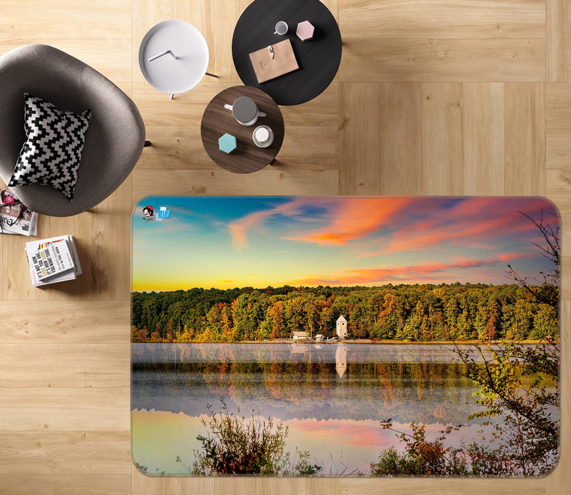 3D Sunset Forest Lake 5132 Beth Sheridan Rug Non Slip Rug Mat