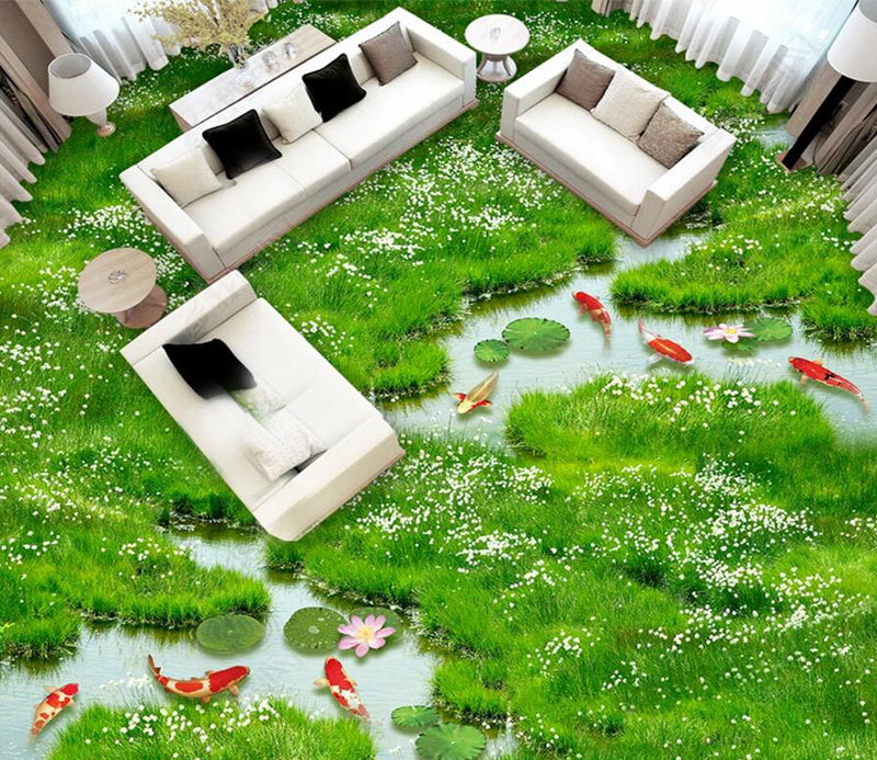 3D Green Grass Red Fish 094 Floor Mural  Self-Adhesive Sticker Bathroom Non-slip Waterproof Flooring Murals