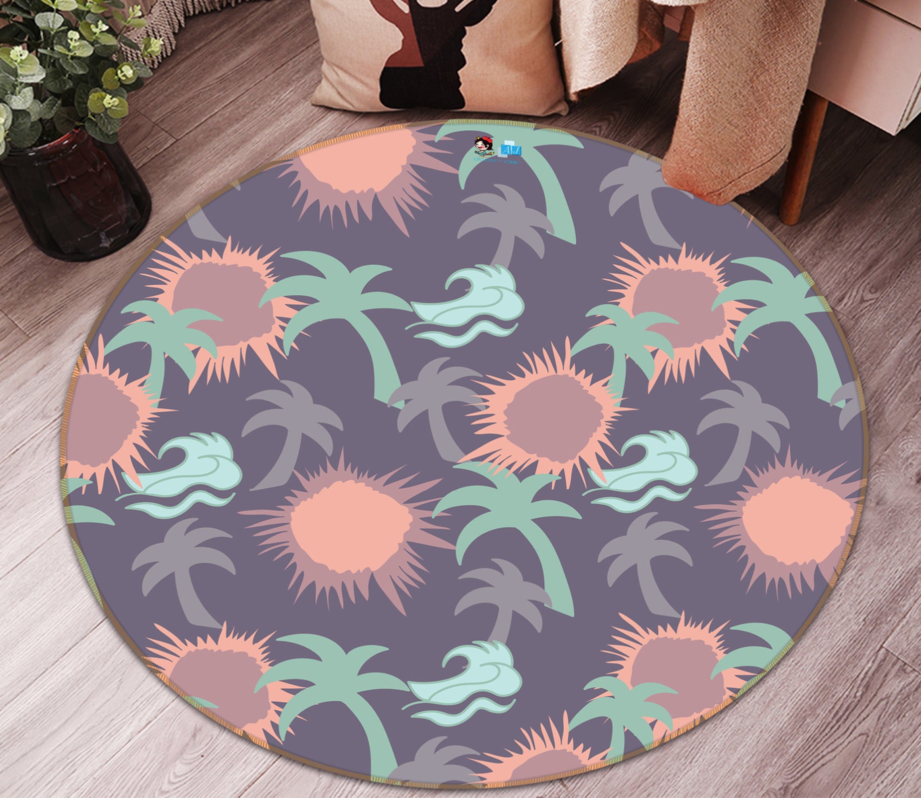 3D Sun Palm Pattern 9896 Kasumi Loffler Rug Round Non Slip Rug Mat