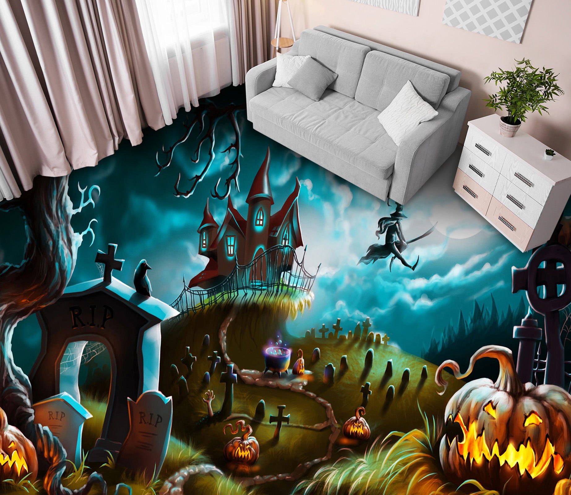 3D Halloween Castle 012 Floor Mural  Self-Adhesive Sticker Bathroom Non-slip Waterproof Flooring Murals