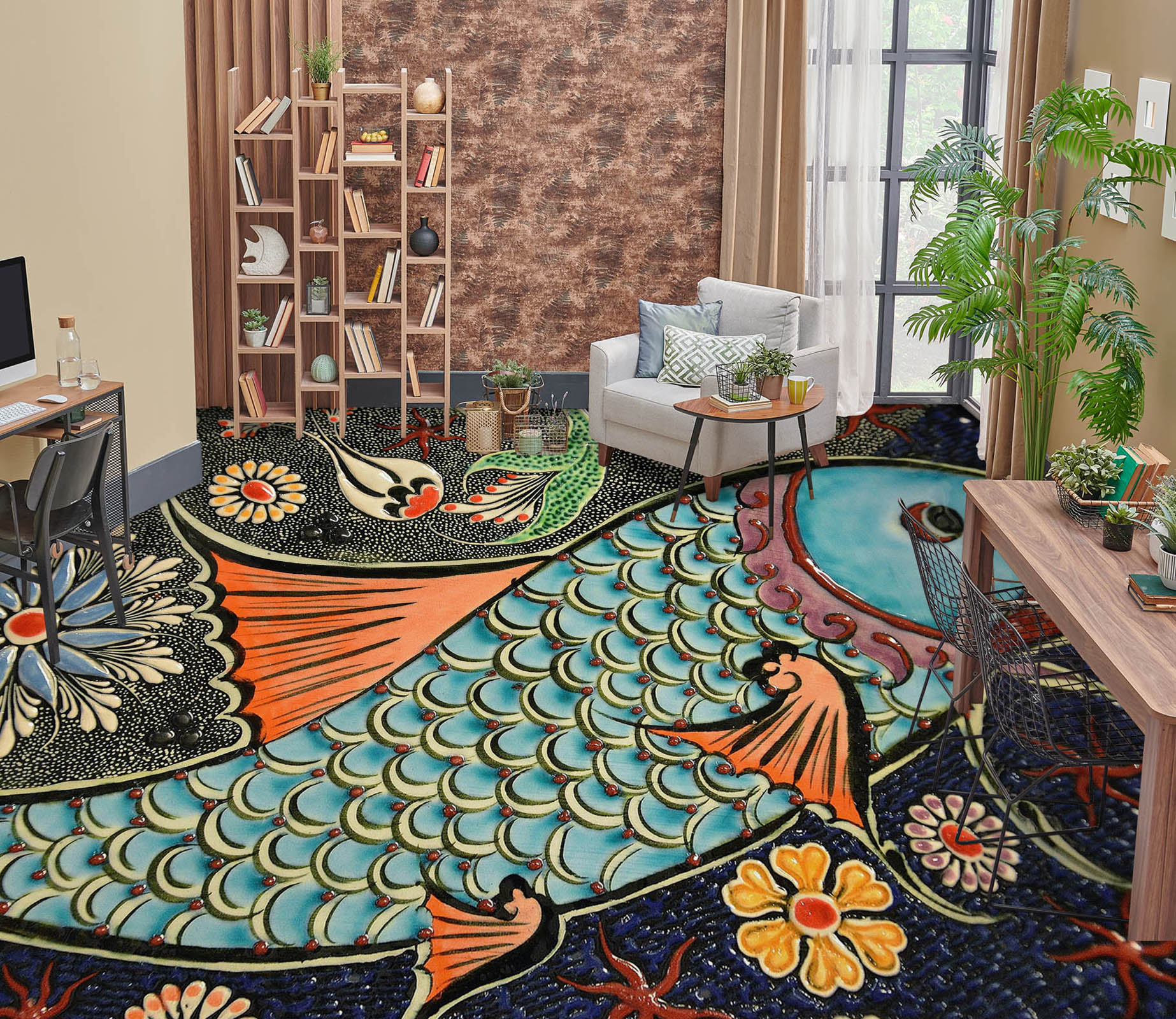 3D Auspicious Blue Fish 1508 Floor Mural
