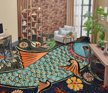 3D Auspicious Blue Fish 1508 Floor Mural