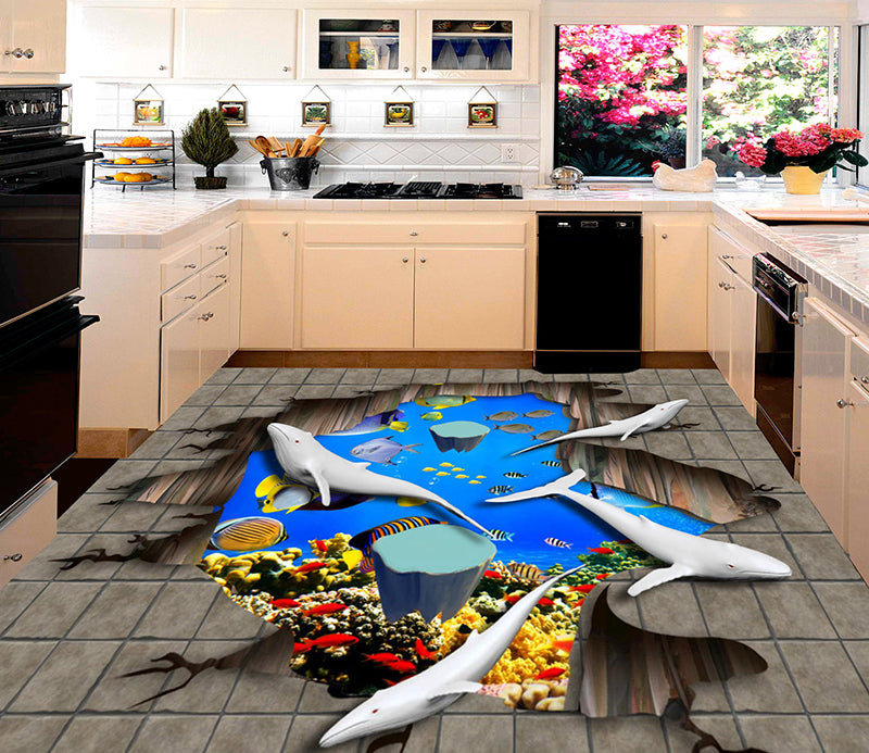 3D White Dolphin 150 Floor Mural  Self-Adhesive Sticker Bathroom Non-slip Waterproof Flooring Murals