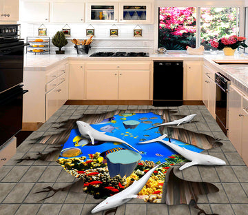 3D White Dolphin 150 Floor Mural  Self-Adhesive Sticker Bathroom Non-slip Waterproof Flooring Murals