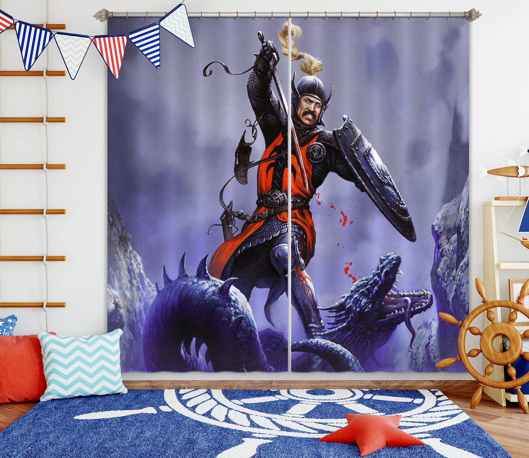 3D Soldier Kills Dragon 7179 Ciruelo Curtain Curtains Drapes