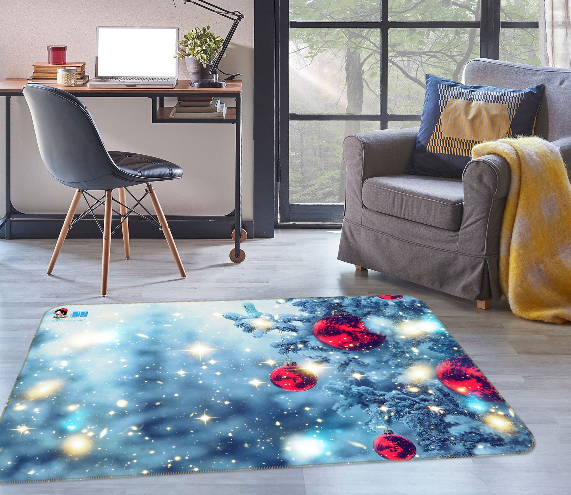 3D Snow Red Ball 56146 Christmas Non Slip Rug Mat Xmas