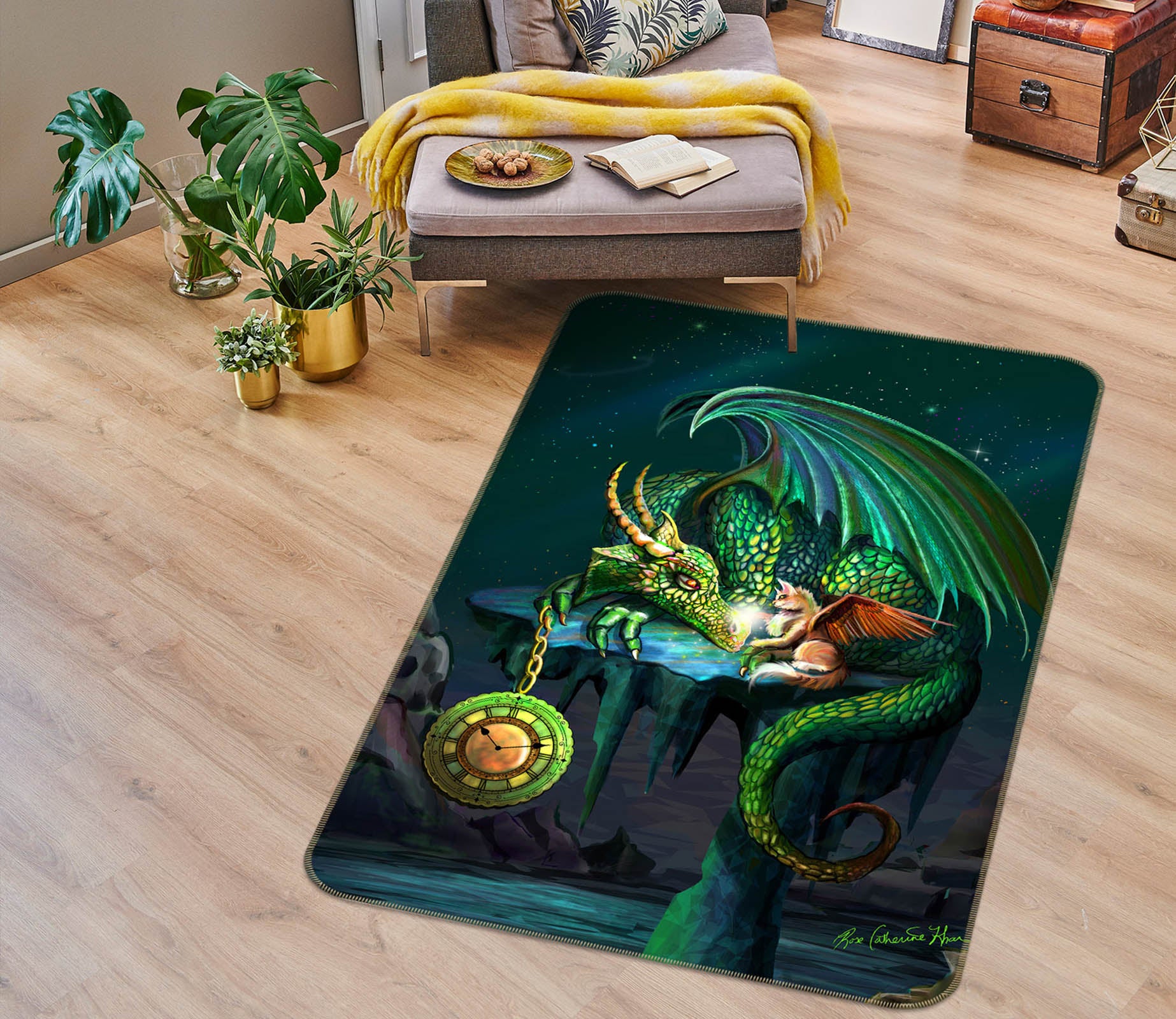 3D Green Dragon 3036 Rose Catherine Khan Rug Non Slip Rug Mat