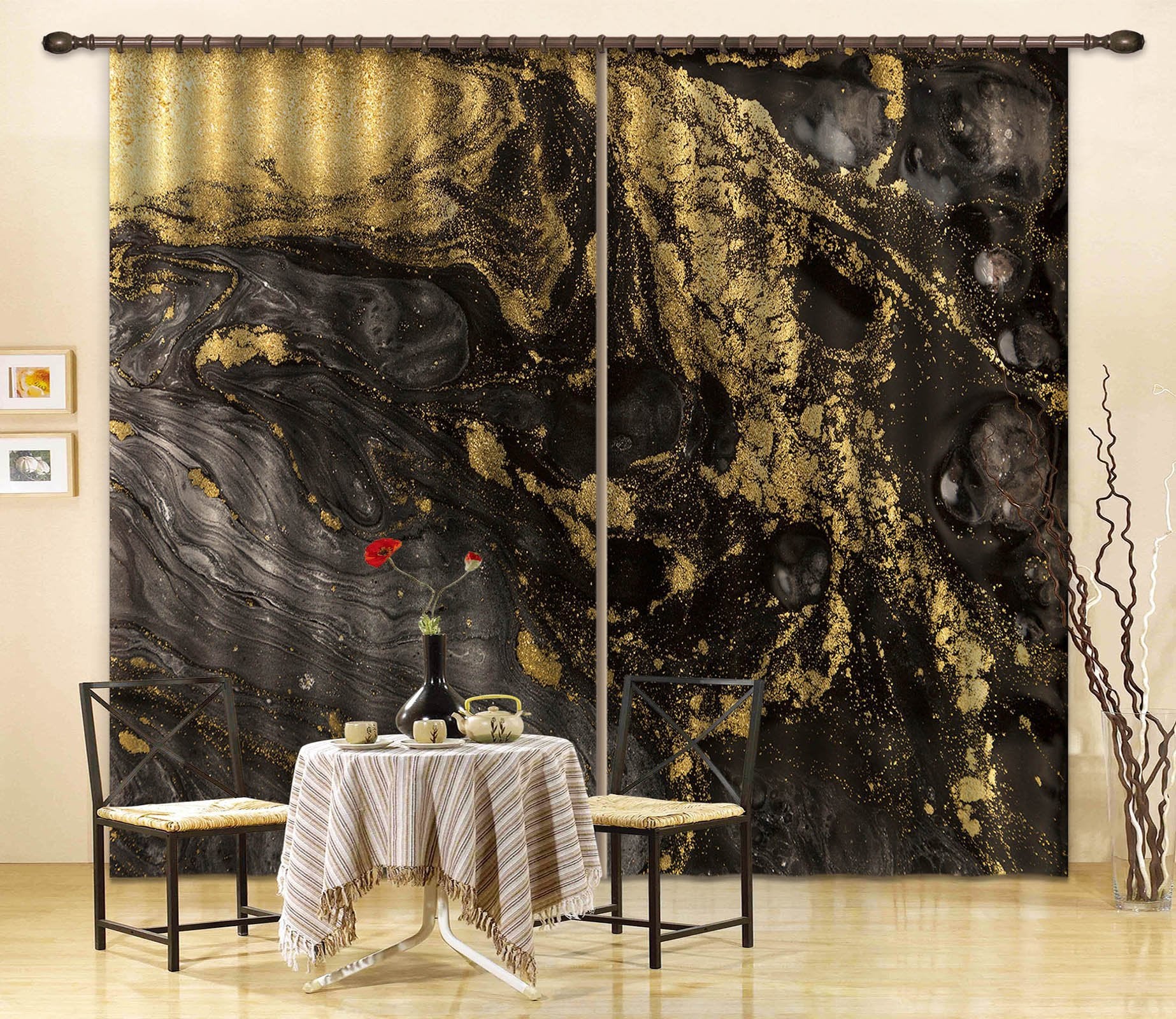3D Black Gold Abstract 78 Curtains Drapes Curtains AJ Creativity Home 
