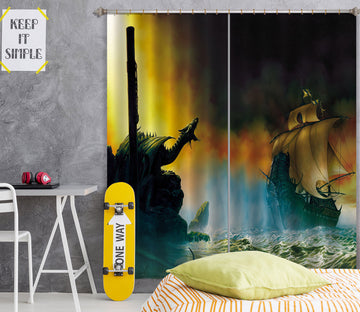 3D Dragon Waves Sailboat 7166 Ciruelo Curtain Curtains Drapes