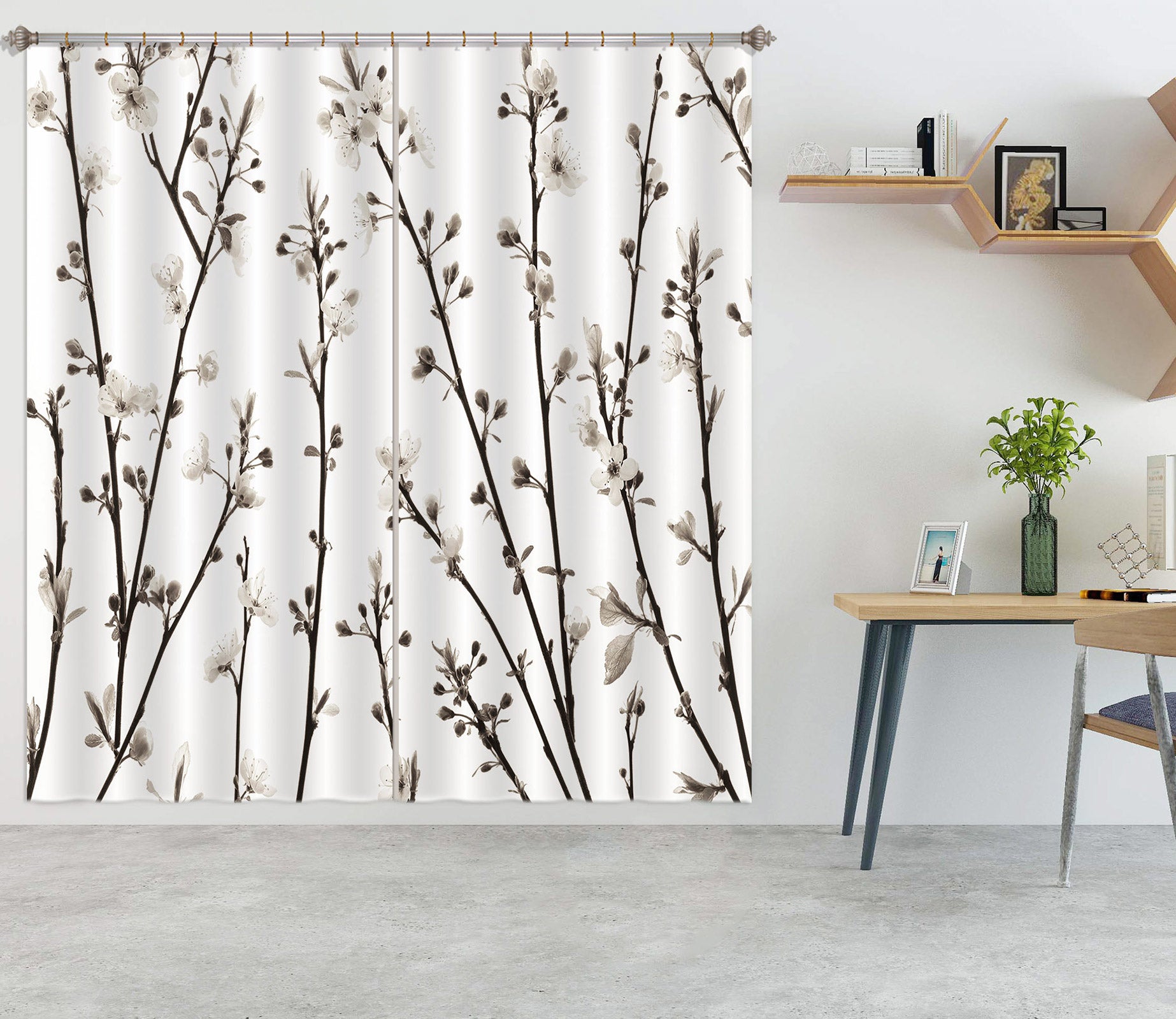 3D White Flower Branch 6503 Assaf Frank Curtain Curtains Drapes