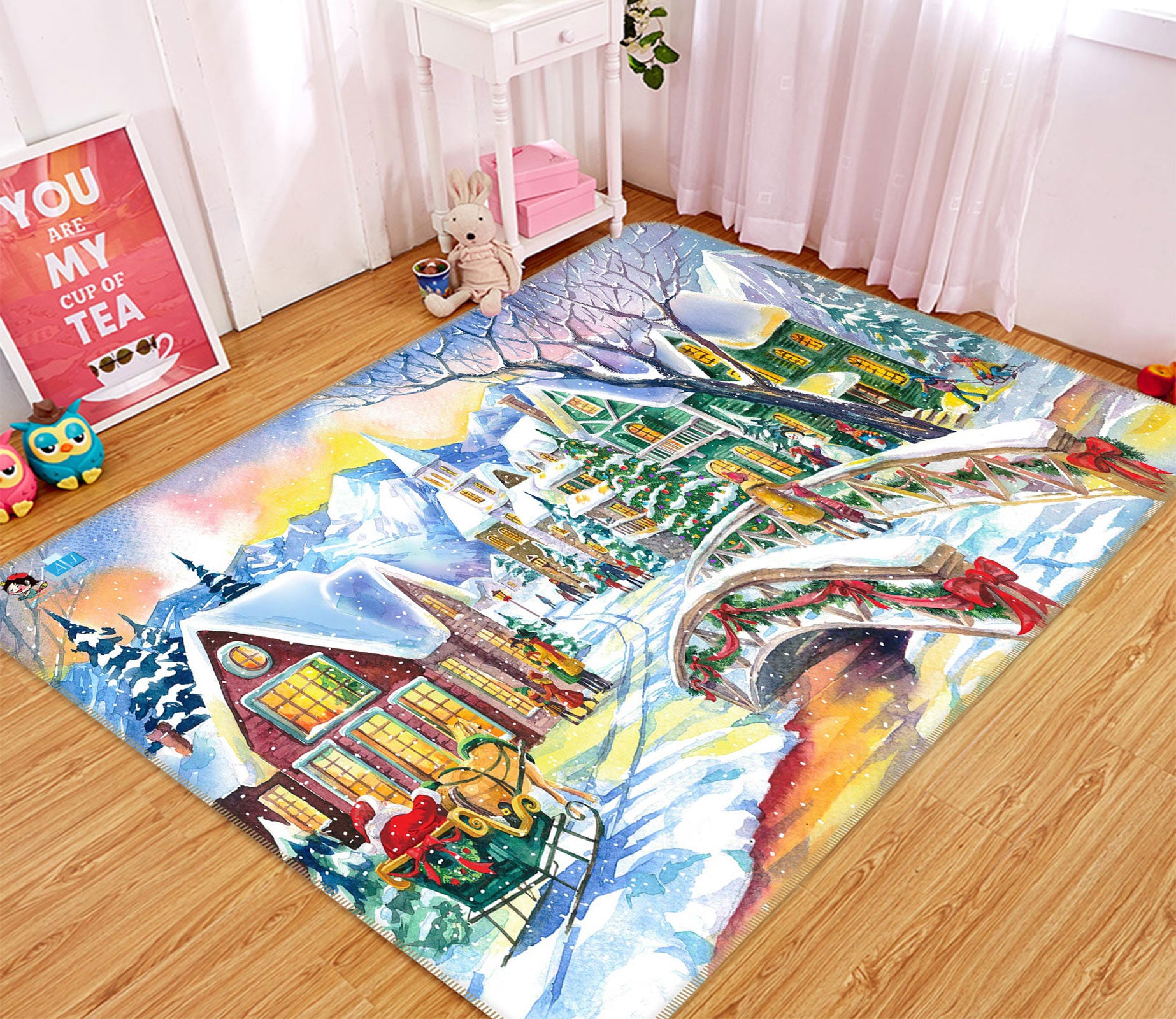 3D Snowy House Bridge 56157 Christmas Non Slip Rug Mat Xmas
