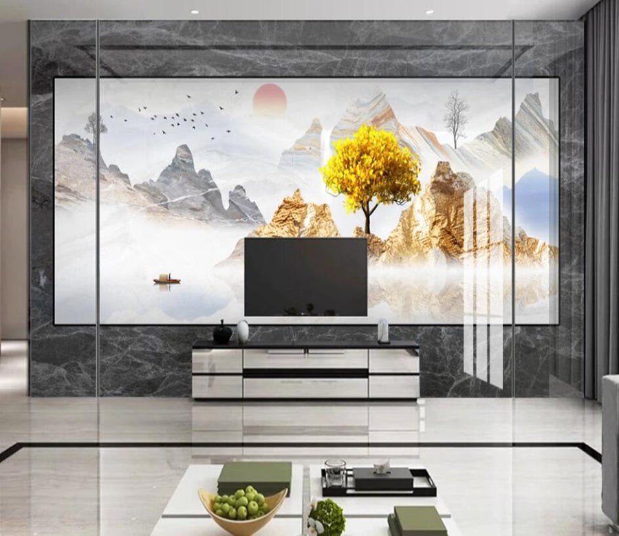 3D Golden Mountain Trees 350 Wall Murals