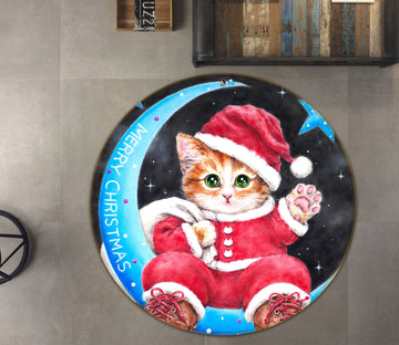 3D Christmas Cat Moon 6061 Kayomi Harai Rug Round Non Slip Rug Mat