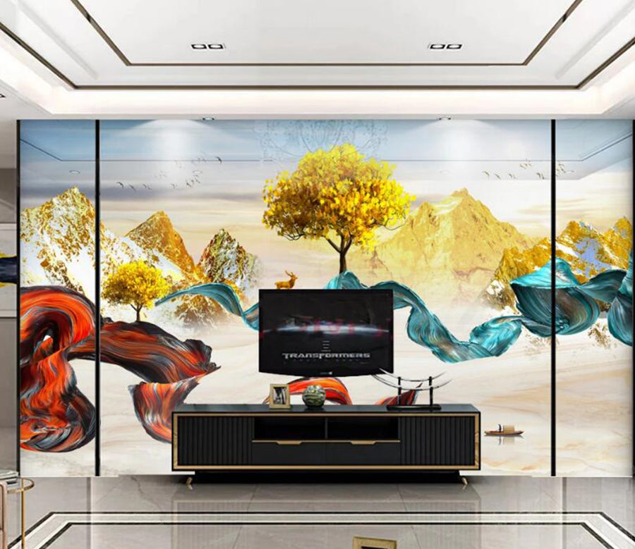 3D Golden Mountain Trees 221 Wall Murals