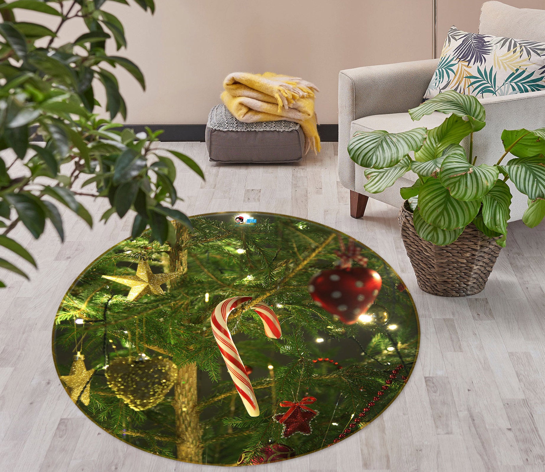 3D Tree Candy Cane 55169 Christmas Round Non Slip Rug Mat Xmas