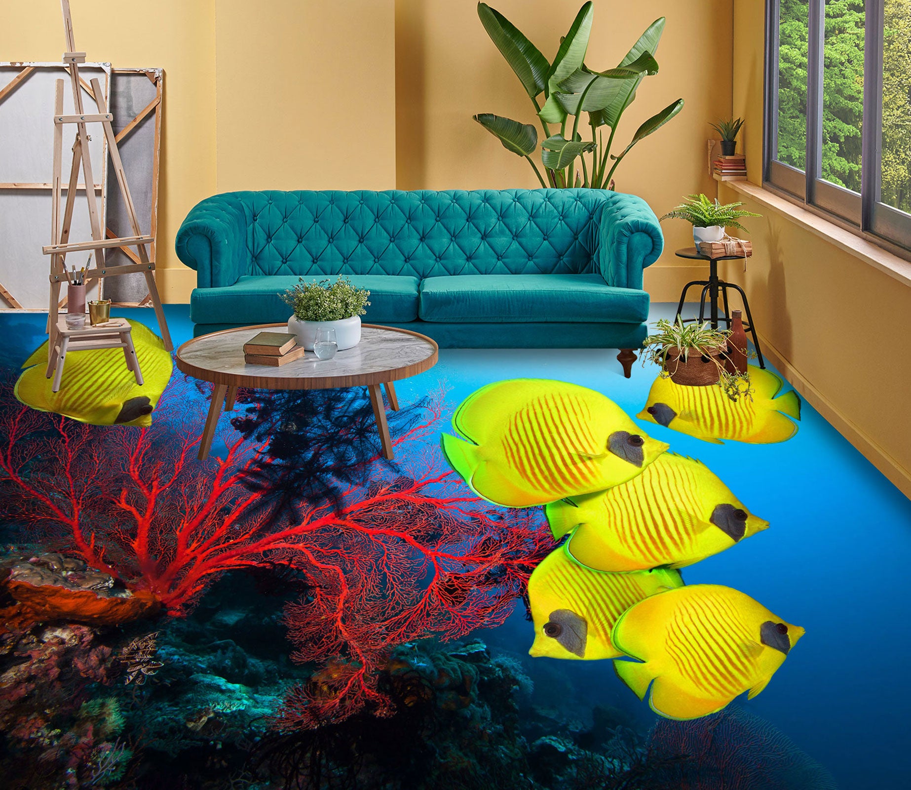 3D Fluorescent Yellow Fish 647 Floor Mural  Wallpaper Murals Rug & Mat Print Epoxy waterproof bath floor