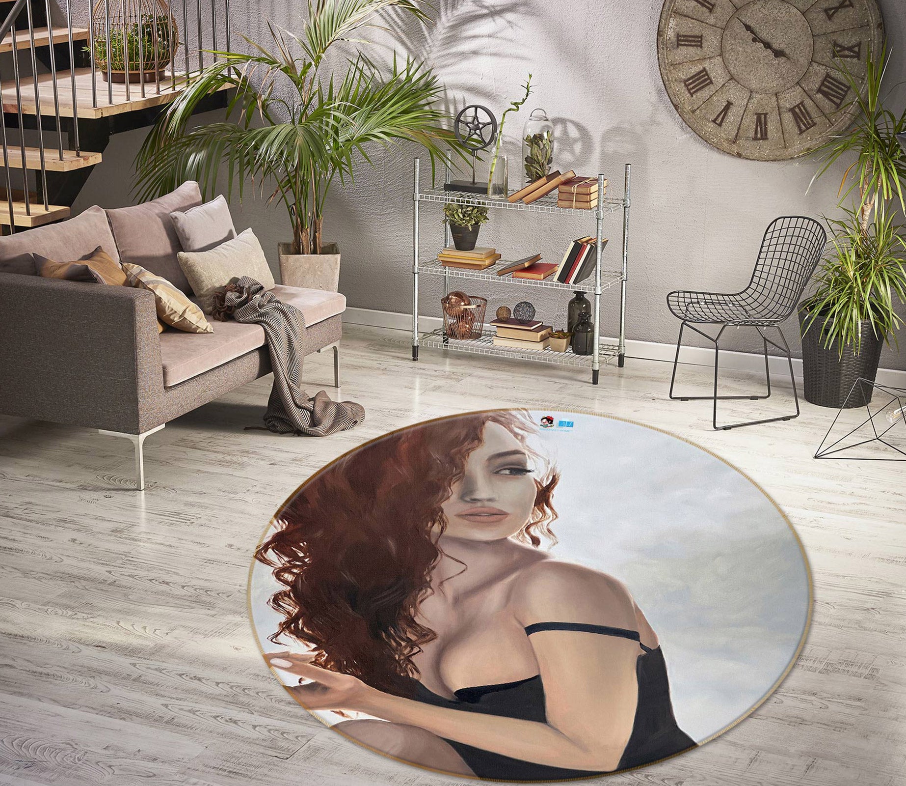 3D Woman Red Curly Hair Black Dress 9732 Marina Zotova Rug Round Non Slip Rug Mat