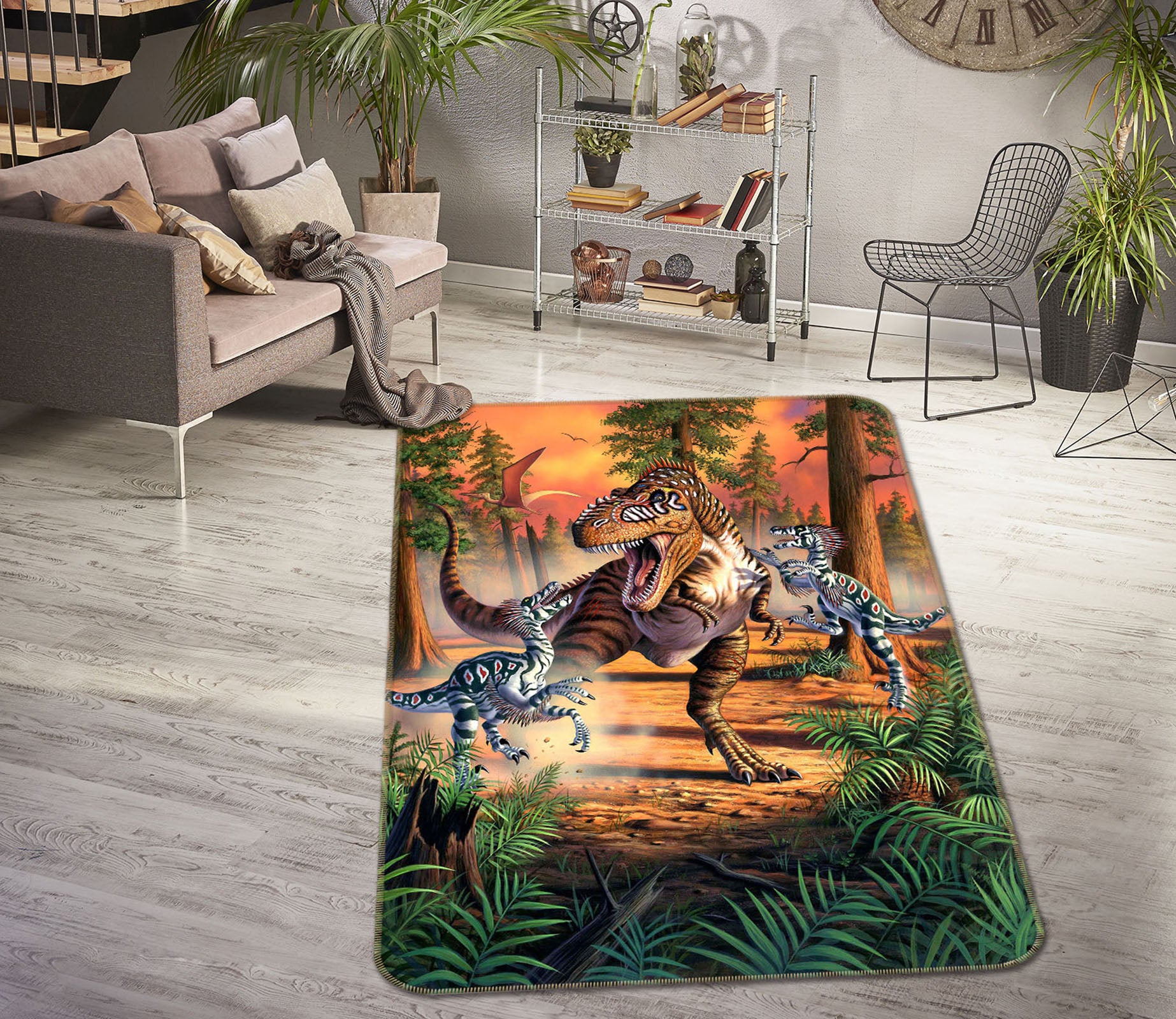 3D Dino Battle 1005 Jerry LoFaro Rug Non Slip Rug Mat