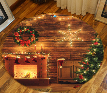 3D Fireplace Tree 55251 Christmas Round Non Slip Rug Mat Xmas