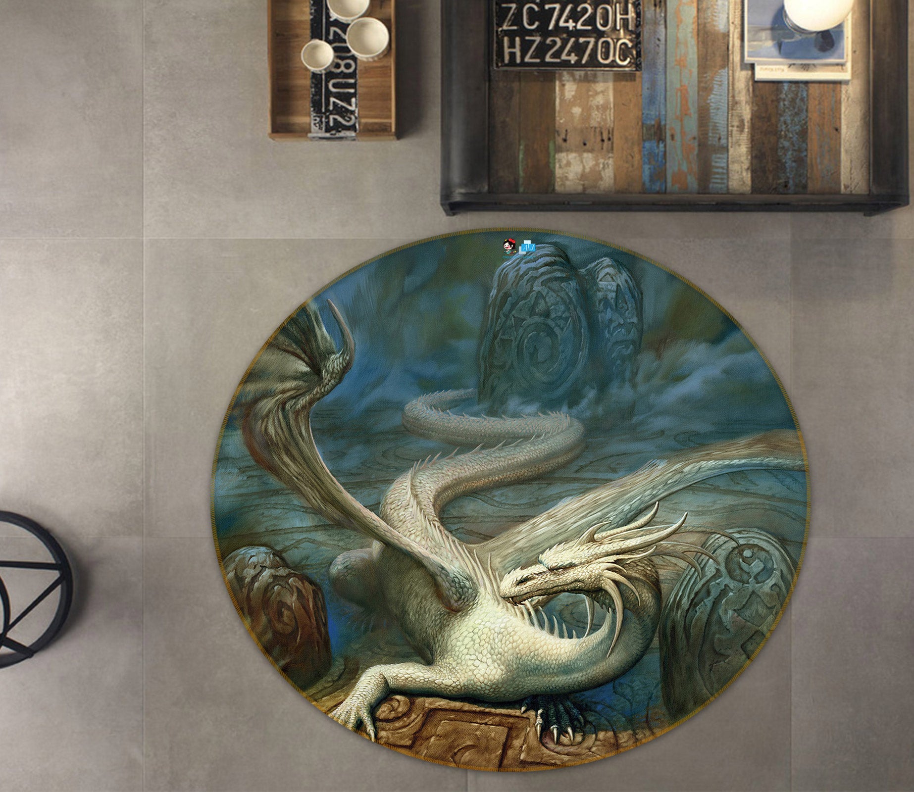 3D White Dragon 6126 Ciruelo Rug Round Non Slip Rug Mat