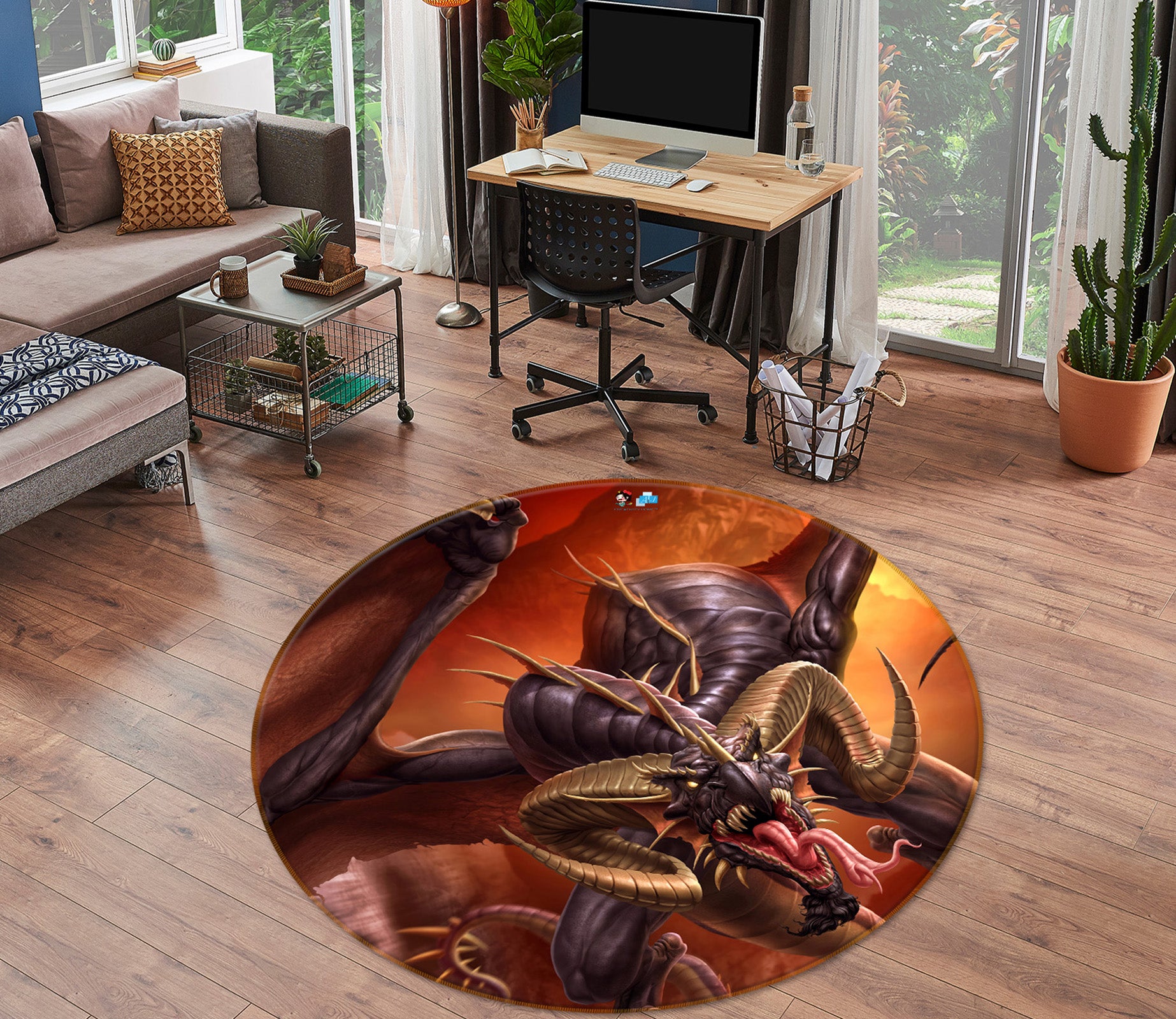 3D Dragon 4163 Tom Wood Rug Round Non Slip Rug Mat
