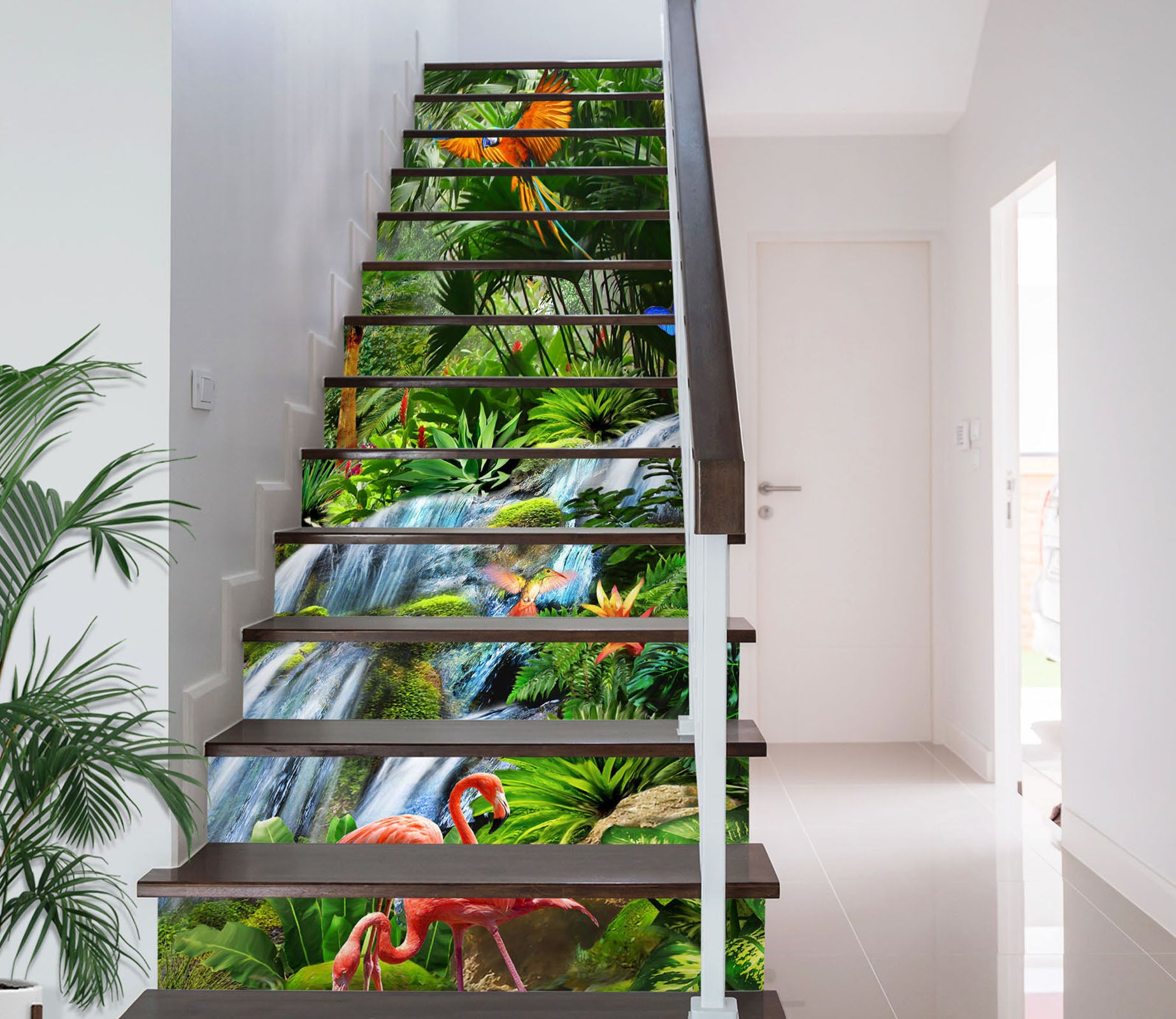 3D Jungle Waterfall Flamingo 96202 Adrian Chesterman Stair Risers