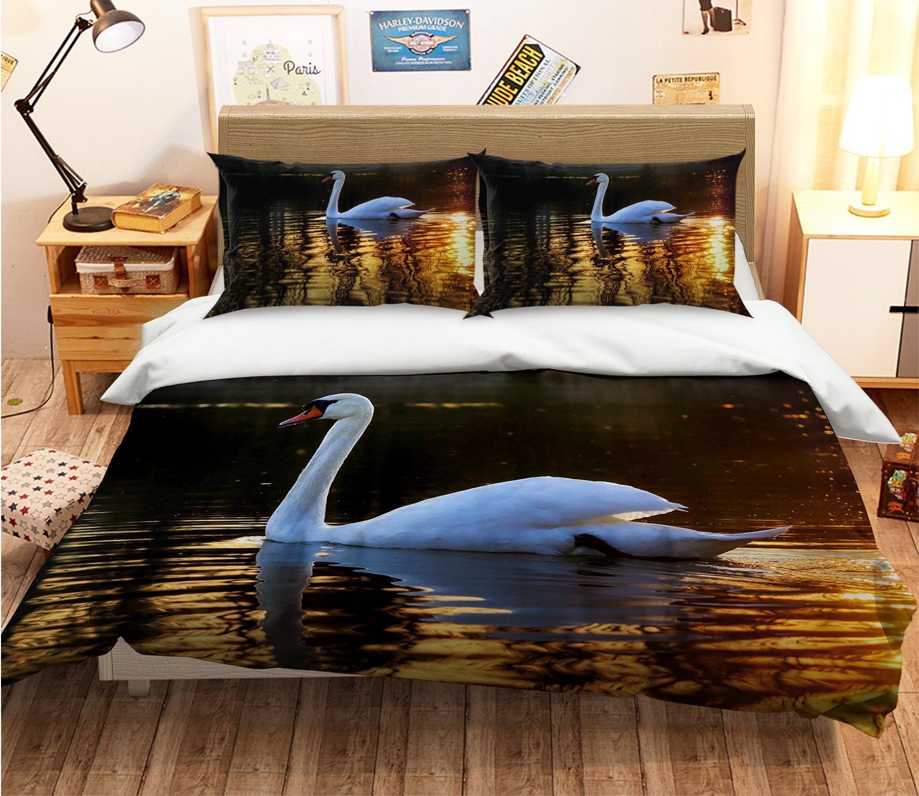 3D Swan Swimming 2000 Bed Pillowcases Quilt Quiet Covers AJ Creativity Home 