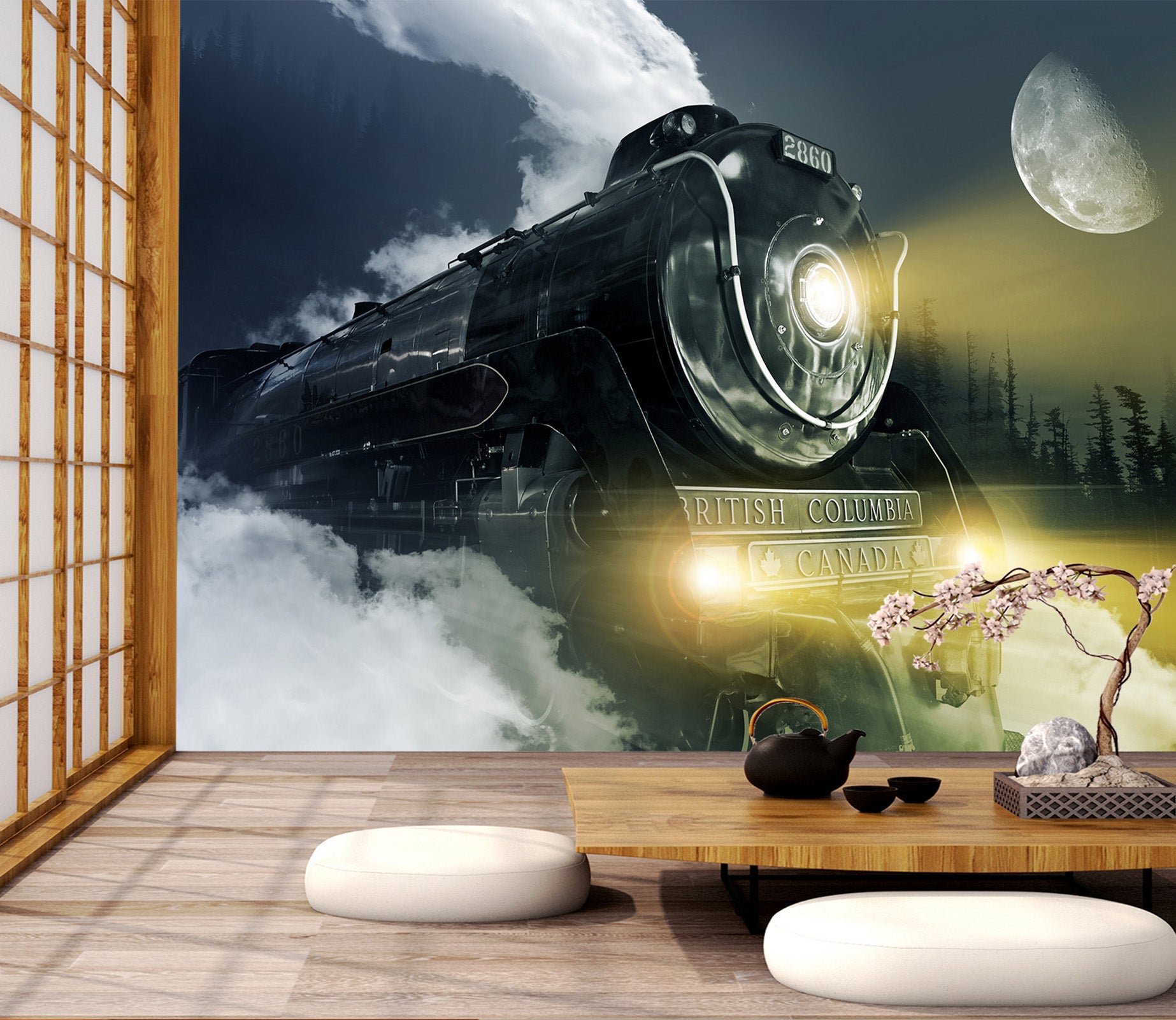 3D Moon Black Train 162 Vehicle Wall Murals