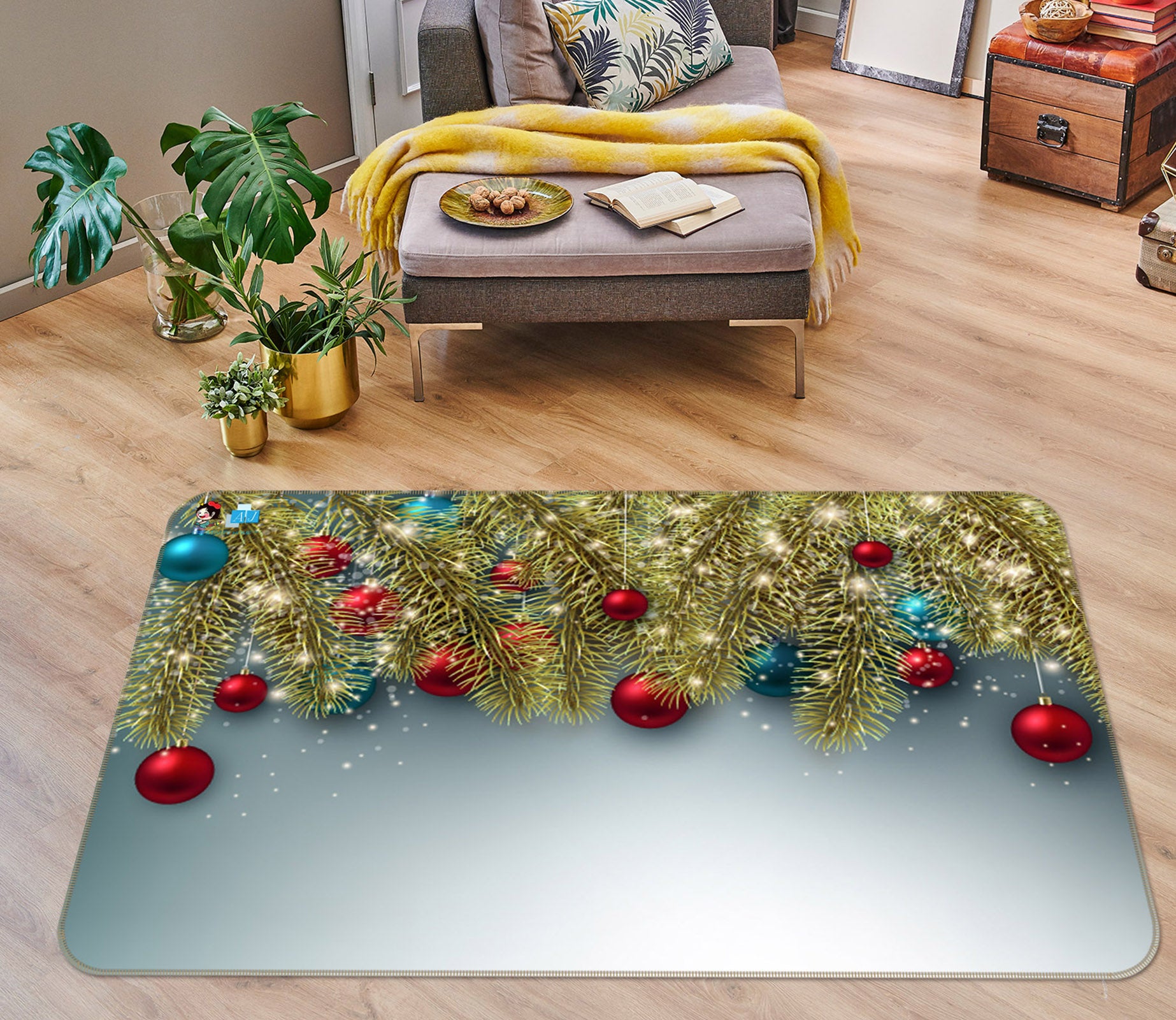 3D Golden Branches Ball 56250 Christmas Non Slip Rug Mat Xmas