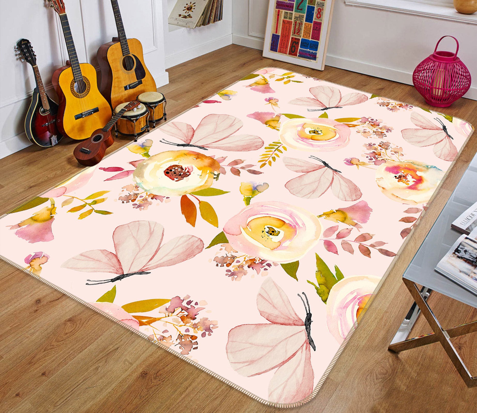 3D Pink Butterfly 102 Uta Naumann Rug Non Slip Rug Mat