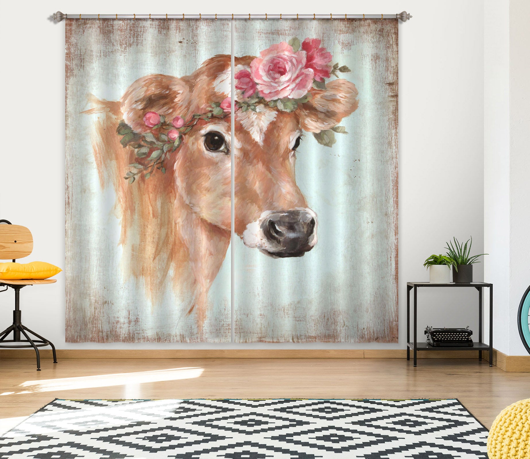3D Rose Cow 058 Debi Coules Curtain Curtains Drapes