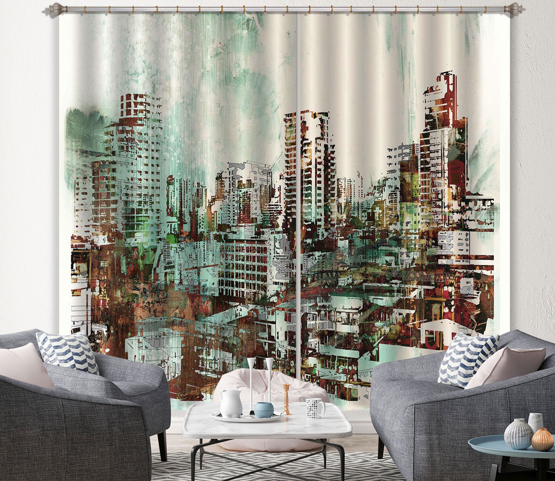 3D Green City Painting 029 Curtains Drapes