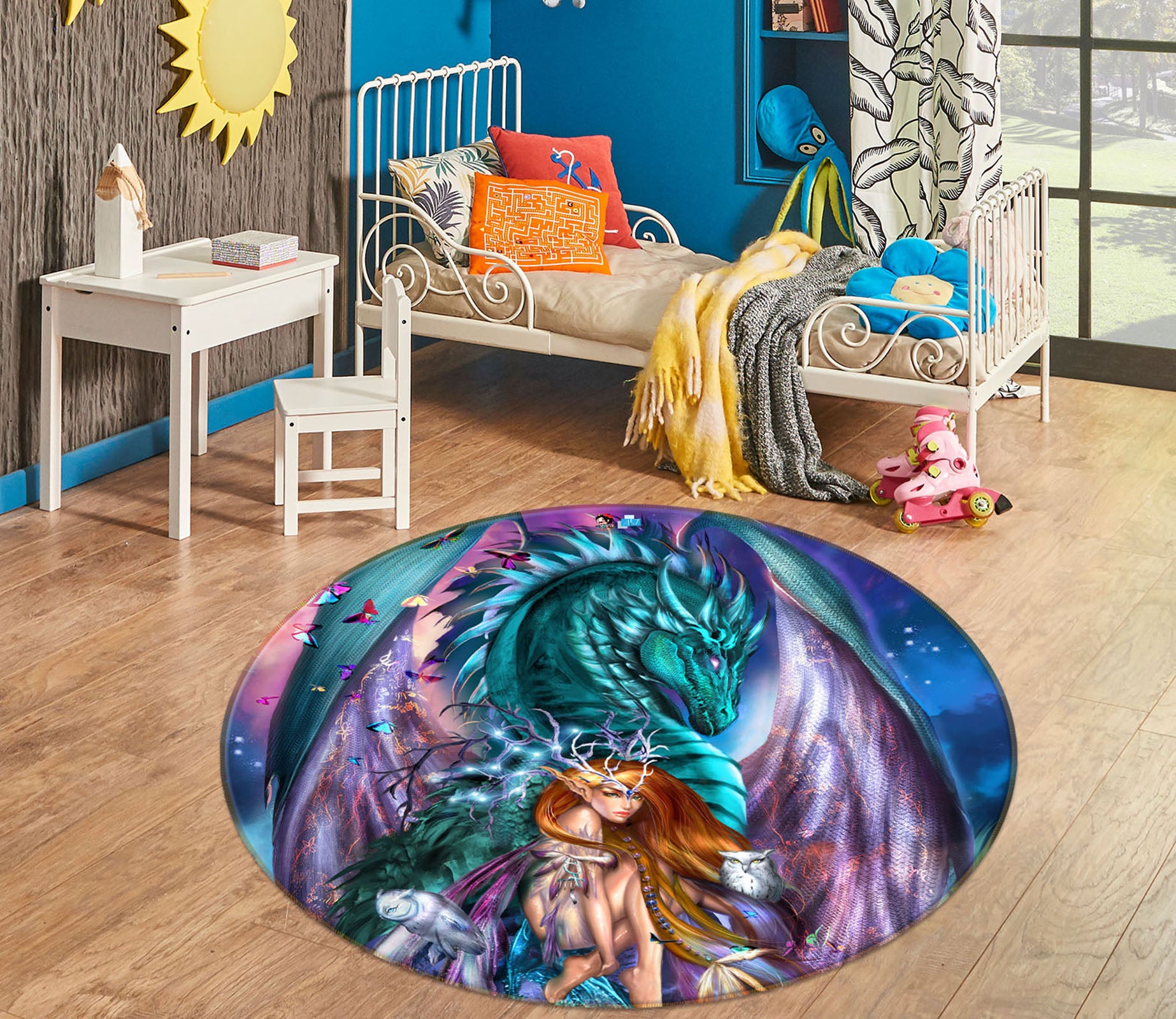 3D Butterfly Dragon Girl 8395 Ruth Thompson Rug Round Non Slip Rug Mat