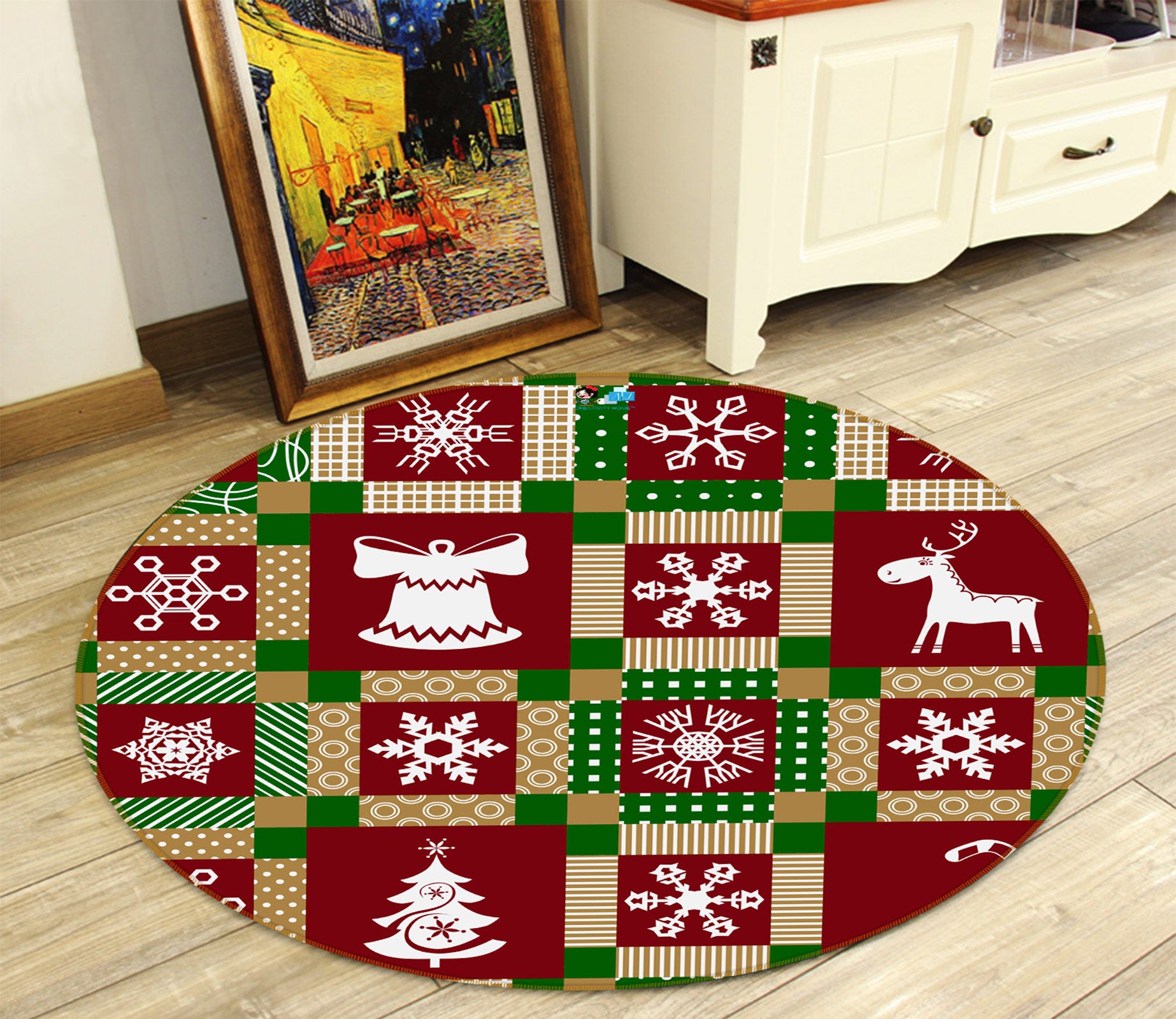 3D Tree Snowflake Red Lattice 55250 Christmas Round Non Slip Rug Mat Xmas