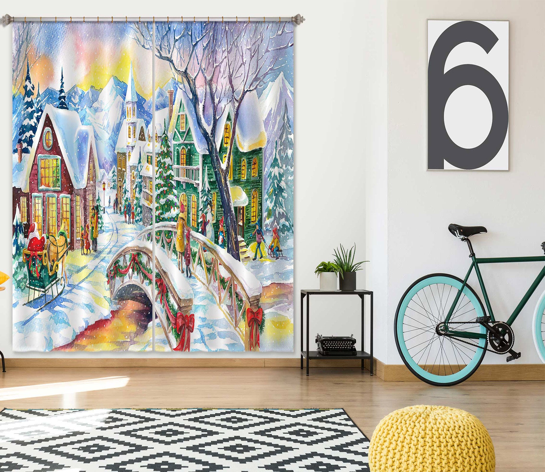 3D Snow House Bridge 53132 Christmas Curtains Drapes Xmas