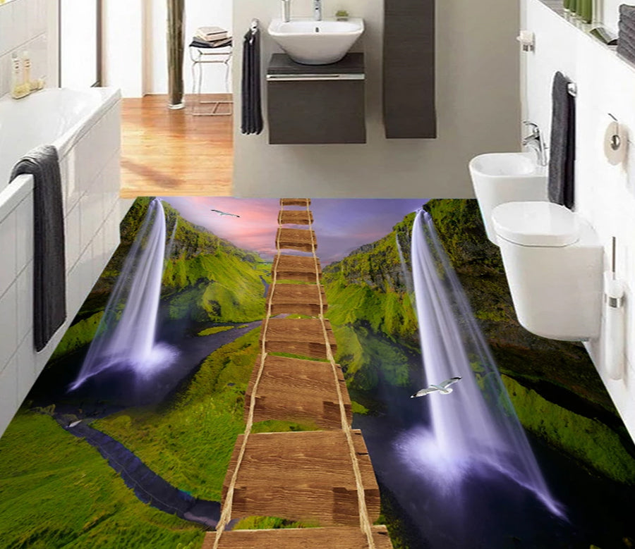 3D Green Mountain Wooden Bridge 526 Floor Mural  Wallpaper Murals Rug & Mat Print Epoxy waterproof bath floor