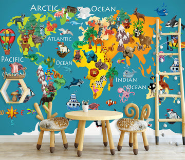 3D Painted Animals 2117 World Map Wall Murals