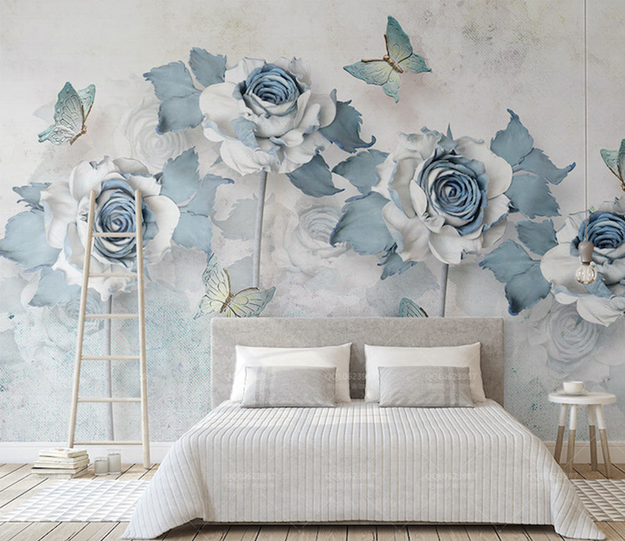 3D Blue Flowers WG007 Wall Murals