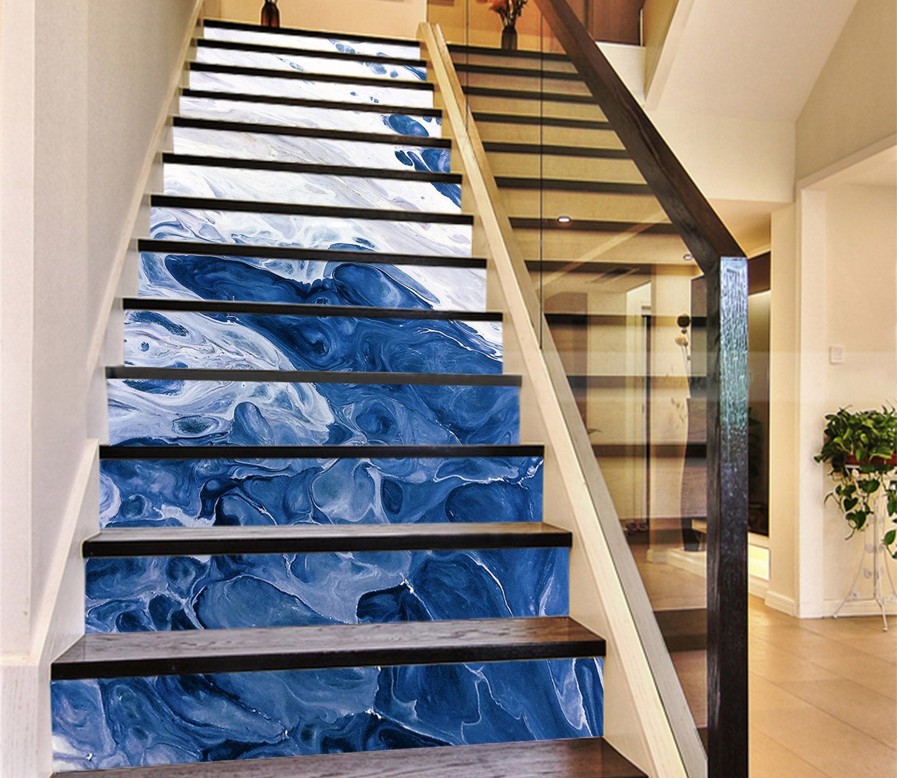 3D Blue Swirl 6130 Marble Tile Texture Stair Risers Wallpaper AJ Wallpaper 