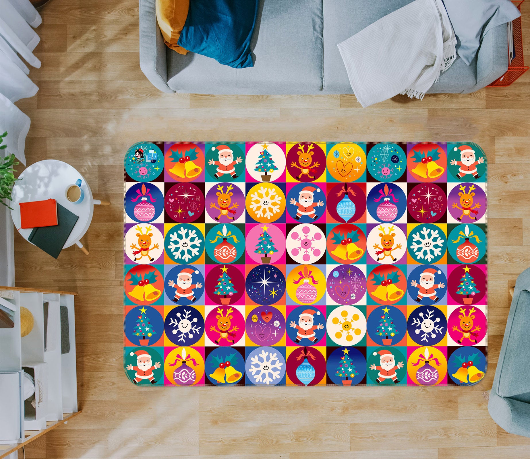 3D Color Circle Snowflake Bell Pattern 56114 Christmas Non Slip Rug Mat Xmas