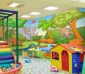 3D Cartoon Elephant Trees 1402 Indoor Play Centres Wall Murals
