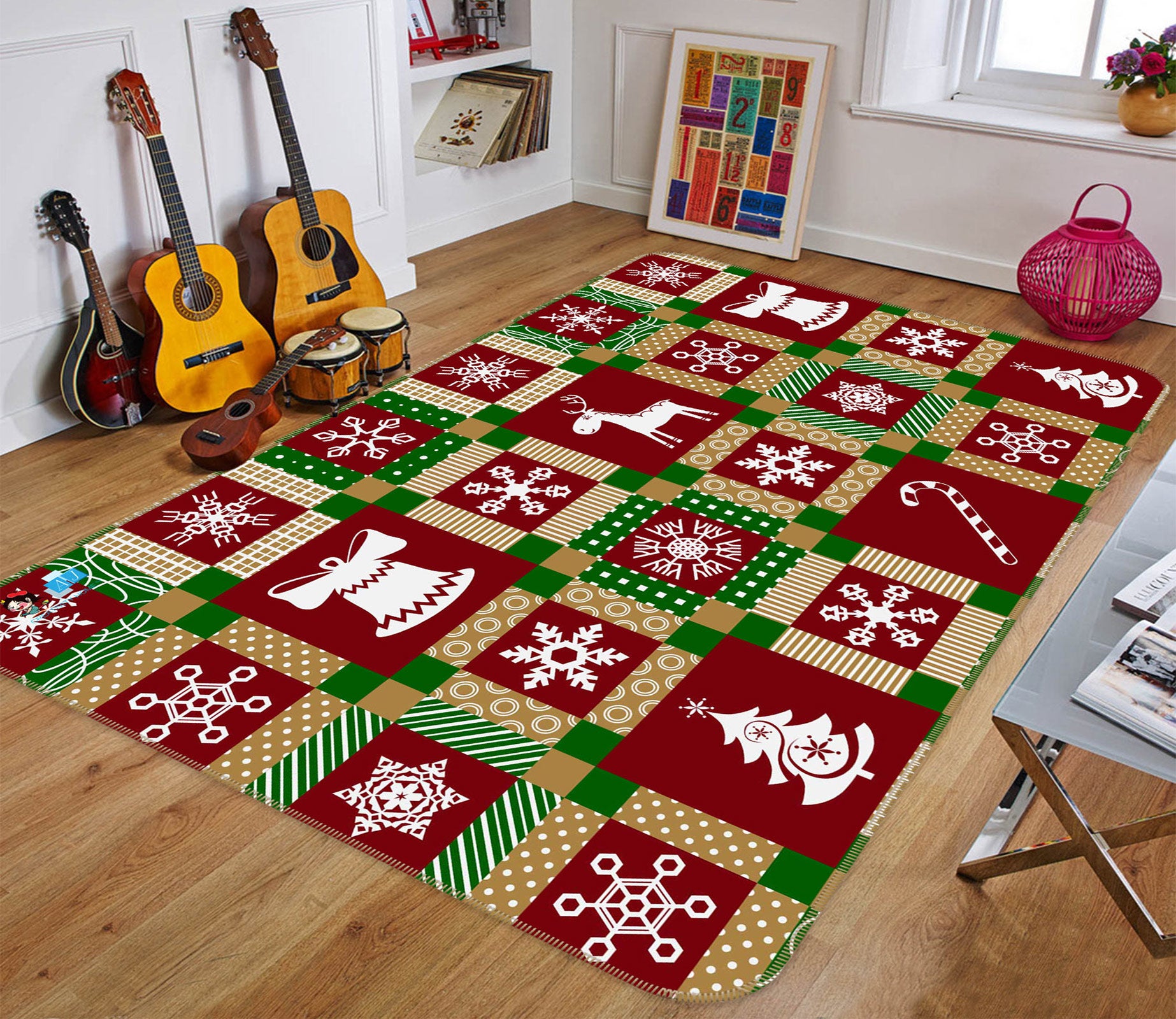 3D Snowflake Tree Red Square 56167 Christmas Non Slip Rug Mat Xmas