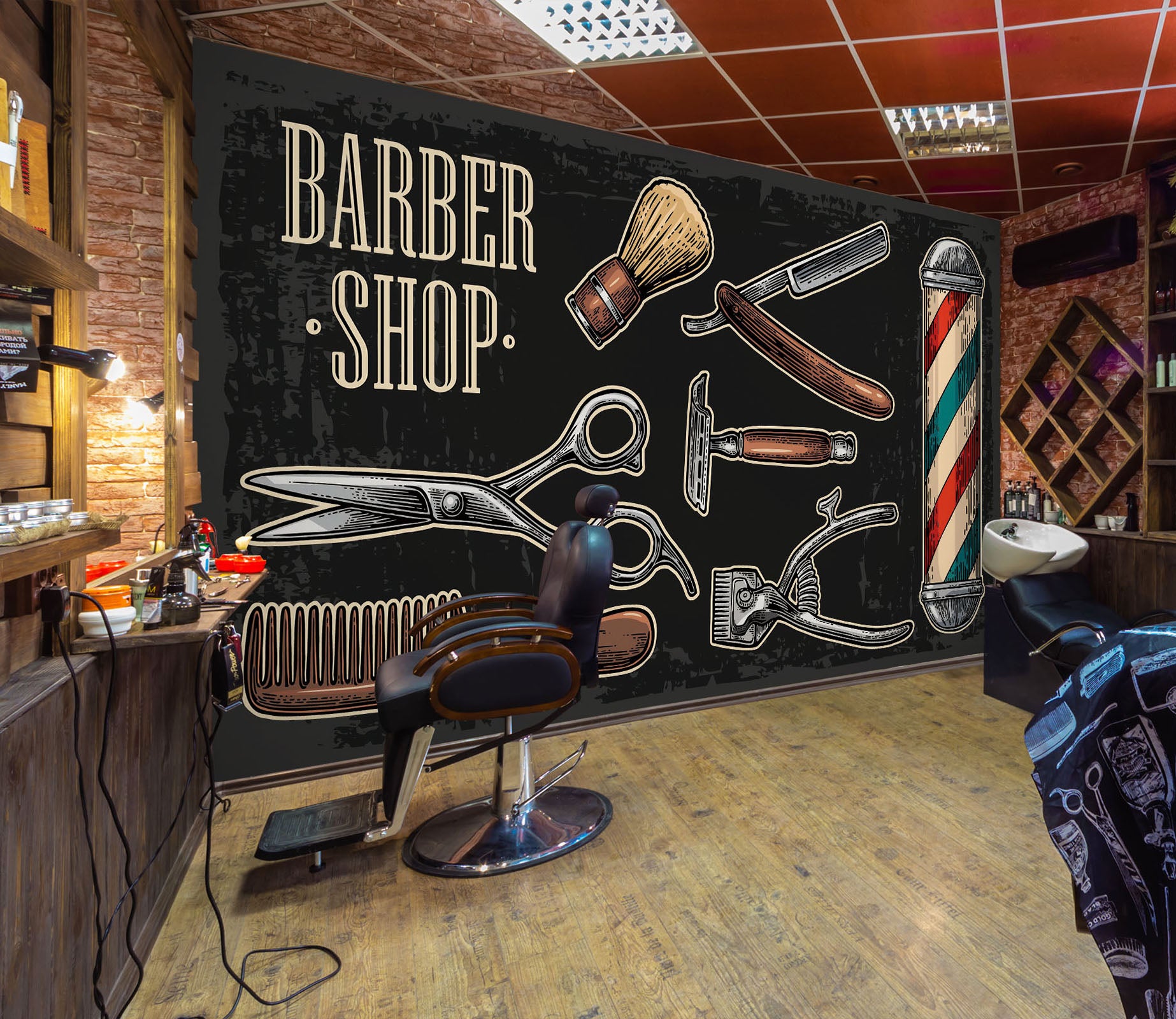 3D Scissors Razor Color Bar 115145 Barber Shop Wall Murals | AJ