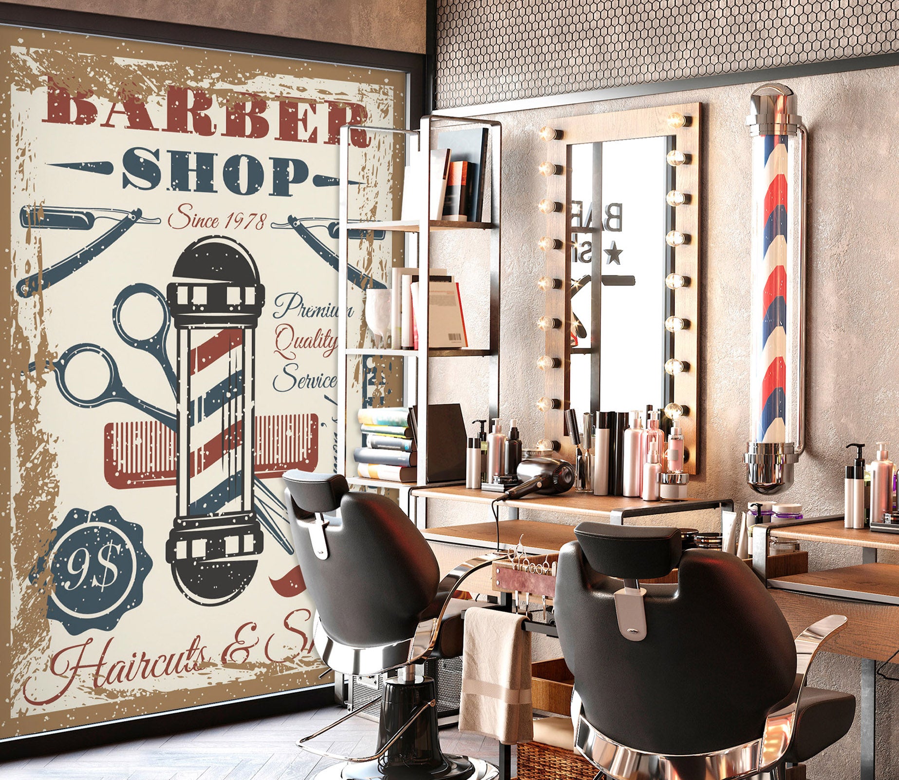 3D Colorful Stripes Comb Scissors 115214 Barber Shop Wall Murals