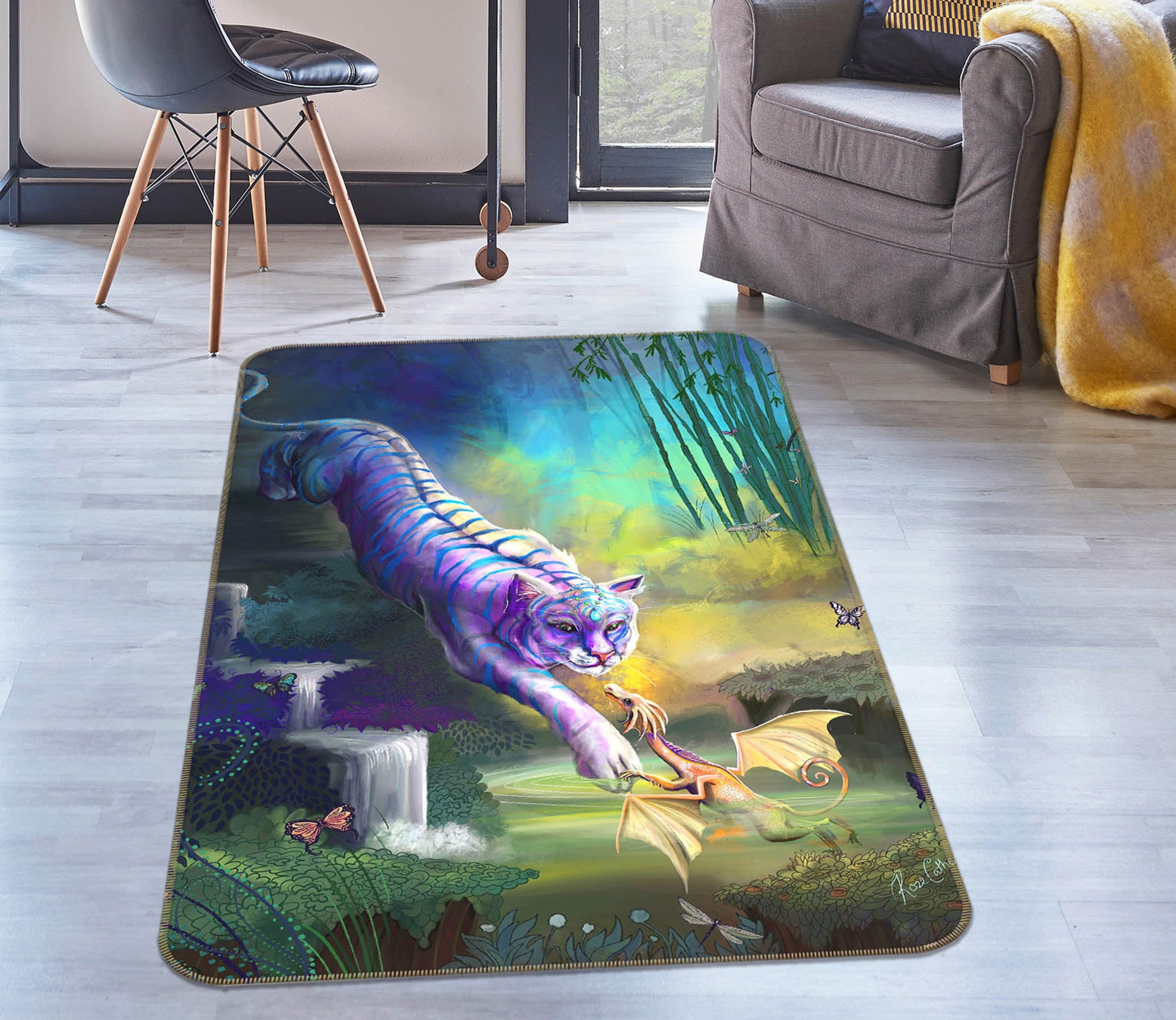 3D White Tiger 3033 Rose Catherine Khan Rug Non Slip Rug Mat