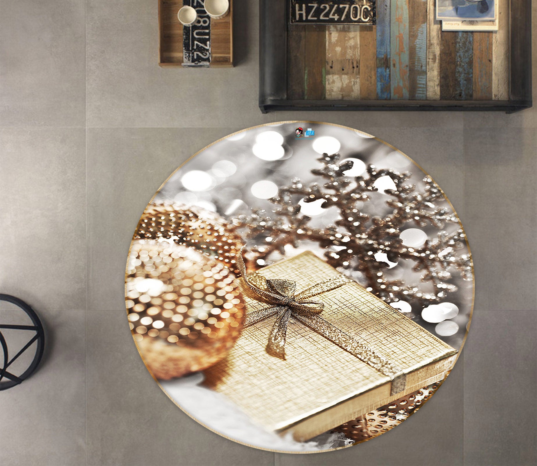 3D Golden Ball Gift Box 55163 Christmas Round Non Slip Rug Mat Xmas